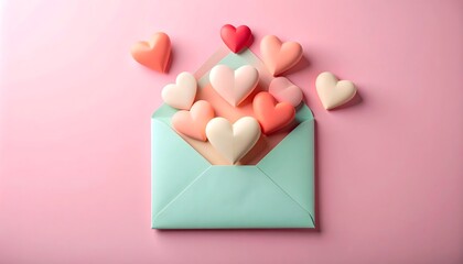 Sobre azul abierto con corazones rosados y blancos sobre fondo pastel para concepto romántico y de san valentín