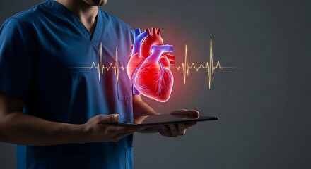 Doctor Holding Tablet With Futuristic Hologram Of Human Heart And EKG