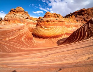 Vibrant sandstone formations under a partly cloudy sky
