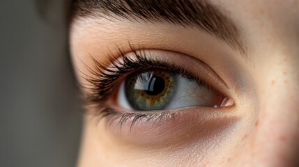 Obraz premium Close-up view of a human eye showcasing intricate details and reflections indoors during daytime
