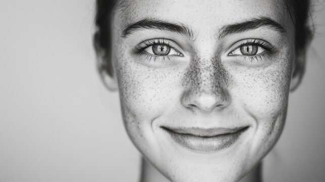 Smiling young woman with freckles and bright eyes expresses warmth and approachability against a neutral background