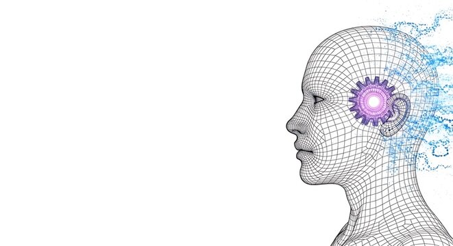 Artificial Intelligence Concept With Wireframe Head And Glowing Gear