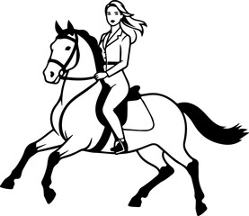 Black and white line art of a beautiful woman with perfect body riding horse elegant minimalist illustration