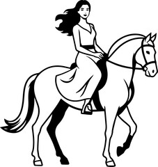 Black and white line art of a beautiful woman with perfect body riding horse elegant minimalist illustration