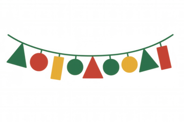 Party garland with colorful geometric pennants in red, green, and yellow on a transparent background