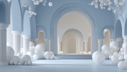 Light-blue interior with arches and columns, decorated with floating spheres