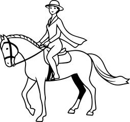 Black and white line art of a beautiful woman with perfect body riding horse elegant minimalist illustration