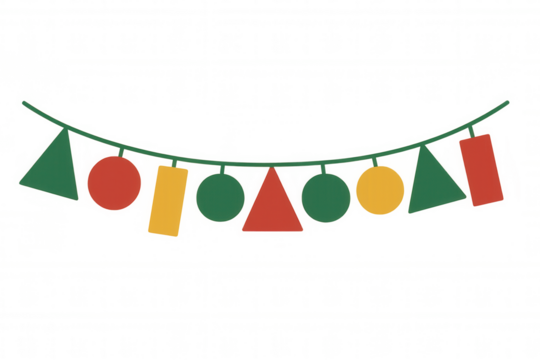 Party garland with colorful geometric pennants in red, green, and yellow on a transparent background