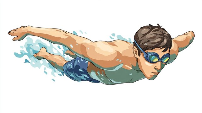 Man swimming butterfly stroke, stylized illustration