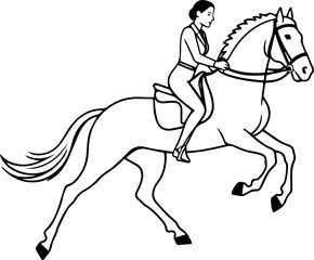 Black and white line art of a beautiful woman with perfect body riding horse elegant minimalist illustration