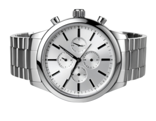 Elegant Timepiece: A sleek and sophisticated stainless steel wristwatch, featuring a polished metal finish, intricate subdials, and precise hands, embodying timeless style and functionality. 