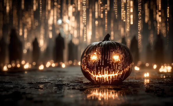 Futuristic Halloween pumpkin glowing with digital matrix code, cyberpunk atmosphere, binary numbers falling in the background, cinematic spooky mood
- Powered by Adobe