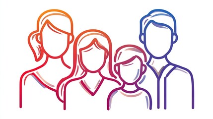 Colorful outline of a family of four; mother, father, daughter, son. Silhouettes in profile view, soft gradient colors