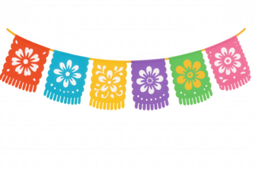 Papel picado banner creating a festive garland with colorful flags, traditional mexican cut paper art for celebrations