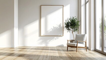 Interior minimalista luminoso con sill&oacute;n de madera, planta decorativa y gran marco vac&iacute;o en pared blanca junto a ventanales