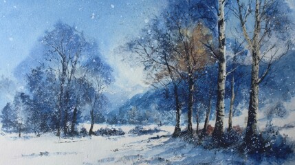 Obraz premium Snow covers the ground in a tranquil winter landscape, featuring tall trees against a backdrop of distant mountains. Snowflakes drift gently through the chilly air.