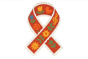 Awareness ribbon representing peace, music, nature, and hope, with folk art style illustrations on transparent background