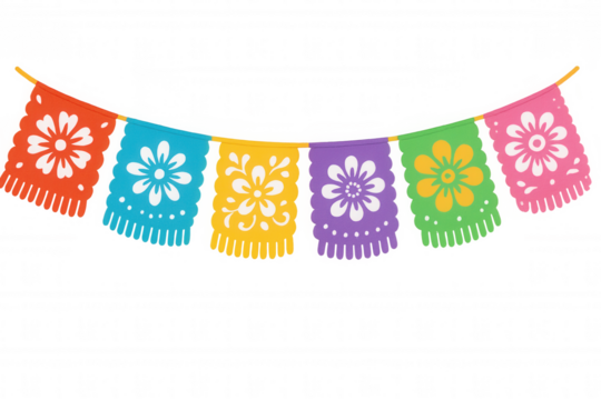 Papel picado banner creating a festive garland with colorful flags, traditional mexican cut paper art for celebrations