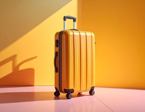 Maleta de viaje r&iacute;gida color amarillo mostaza con ruedas sobre fondo geom&eacute;trico en tonos c&aacute;lidos minimalistas