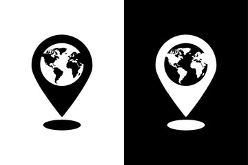 World Map Pin Icon on Black and White Background.
