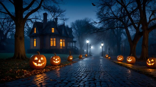 Camino iluminado con calabazas de Halloween frente a una casa embrujada