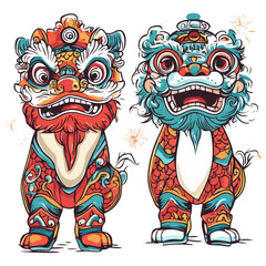 dragon and lion dance, new year, vector, transparent background, festival, asia, culture, carnival, symbol, vintage, pattern, mask, tradition, traditional