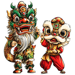 dragon and lion dance, new year, vector, transparent background, festival, asia, culture, carnival, symbol, vintage, pattern, mask, tradition, traditional