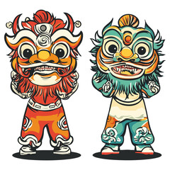 dragon and lion dance, new year, vector, transparent background, festival, asia, culture, carnival, symbol, vintage, pattern, mask, tradition, traditional