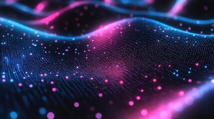 Obraz premium Pink Blue Particle Waves: Neon Cyberpunk Tech Background