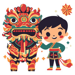 dragon and lion dance, new year, vector, transparent background, festival, asia, culture, carnival, symbol, vintage, pattern, mask, tradition, traditional