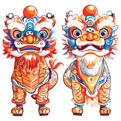 Dragon and lion dance, New Year, vector, transparent background, festival, Asia, culture