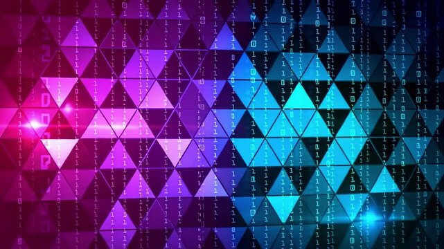 Binary code digital technology background with triangles and data stream animation one zero