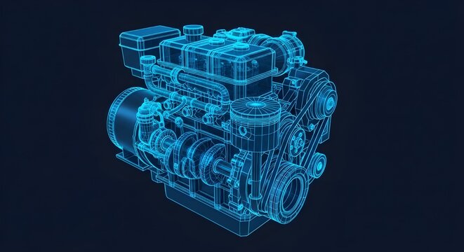 Generator engine Blue wireframe internal combustion engine with generator technical drawing