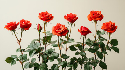 Fototapeta premium A vibrant bouquet of fresh red roses with green leaves against a soft neutral background