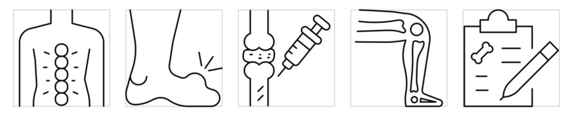 Joint pain icons set. Symbols related to bones and joint. Vector editable stroke.