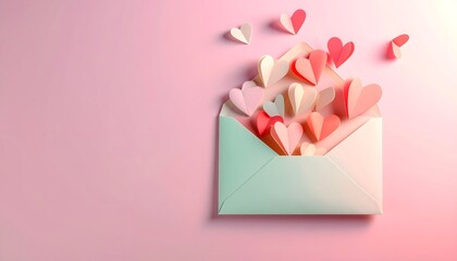 Sobre blanco abierto con corazones rosas y rojos saliendo al aire sobre fondo rosado, concepto rom&aacute;ntico de amor y San Valent&iacute;n