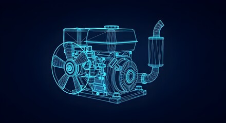 Wireframe of a Generator Engine with Fan and Exhaust Pipe generator, engine, motor