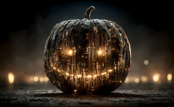 Futuristic Halloween pumpkin with glowing cyber circuits, neon lights integrated in the surface, spooky jack o lantern with digital details, cinematic horror atmosphere
