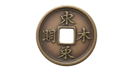 An ancient chinese coin with square hole isolated on transparent background, featuring traditional characters and bronze texture, representing history