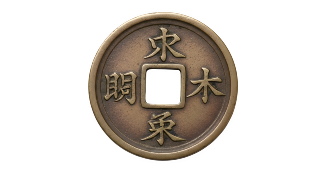 An ancient chinese coin with square hole isolated on transparent background, featuring traditional characters and bronze texture, representing history