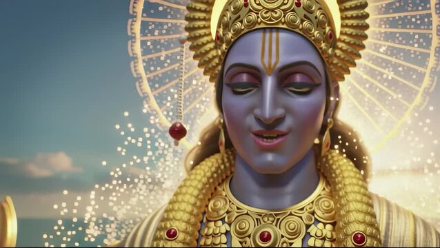 The Matsya Avatar of Lord Vishnu emerges majestically from the ocean, surrounded by devoted followers.
Golden light and divine energy radiate from the deity, illuminating the waters and evoking awe an