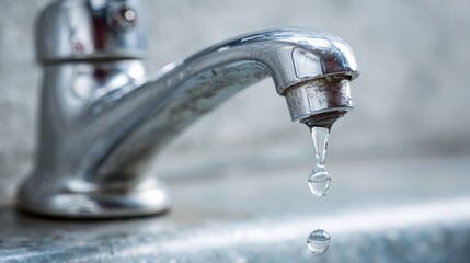 A kitchen faucet shows a steady drip of water, reflecting light in a contemporary setting. The fixture is sleek and shiny, set against a clean, gray countertop.