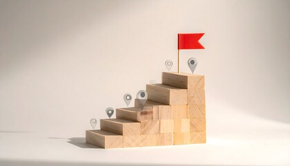 Escalera de bloques de madera con bandera roja en la cima, concepto visual de éxito, logro y superación en metas empresariales © EBG Stock Studio