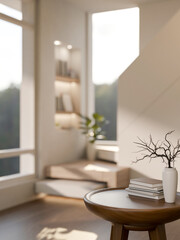 Books and vase on round wooden table and staircase with recessed wall shelf in a parquet floor room.
