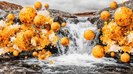 Abstract Orange Spheres Flowing Over Waterfall in Natural Landscape