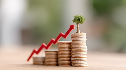 Growth Concept with Small Tree on Stacked Coins and Upward Arrow