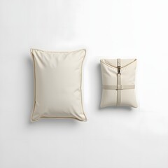 Elegant soft beige cushion and matching fabric pouch isolated on white surface, highlighting minimal neutral tones and cozy contemporary design for interior or product branding presentation.
