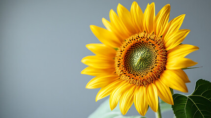 Obraz premium Close up of a vibrant yellow sunflower with detailed petals and a textured center against a soft grey background