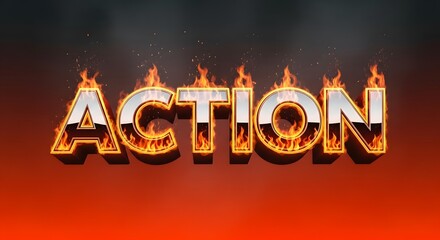 Bold Chrome Action Text on Fire – Burning Flame Typography with Intense Energy and Power