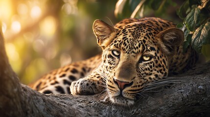Obraz premium Leopard resting on tree branch in jungle